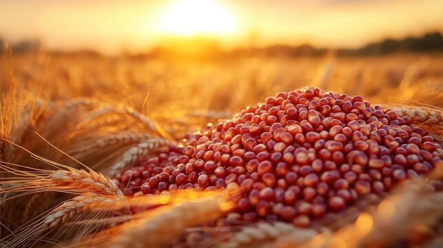 pile of glossy red grains nestled among golden wheat stalks at sunset, warm serene bountiful harvest mood