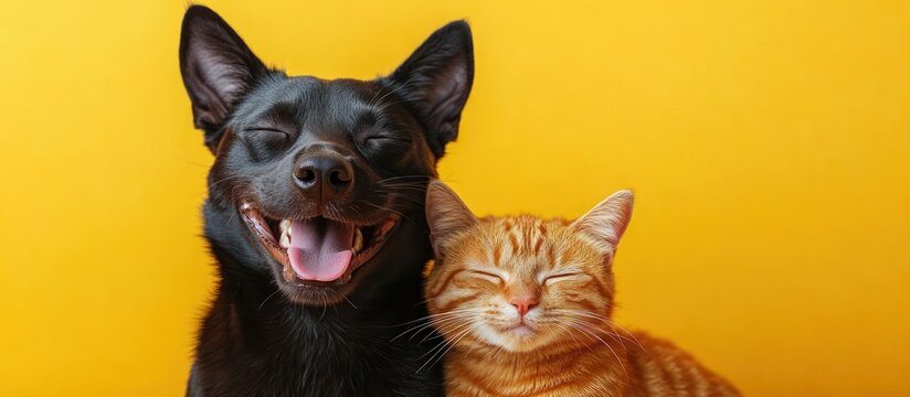 Black dog and orange tabby cat close together with eyes closed, smiling and content against a bright yellow background