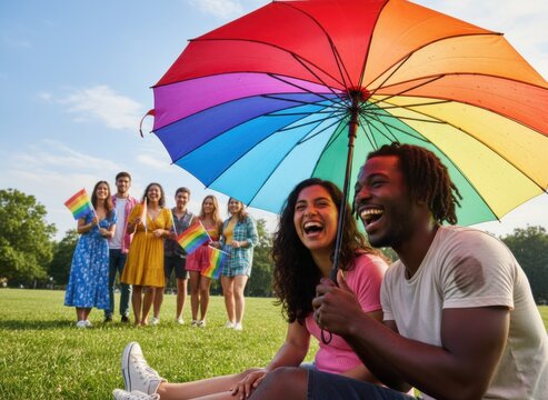 Diverse group of laughing friends sitting under a large rainbow umbrella in a summer park celebrating pride with flags and open blue sky copy space background