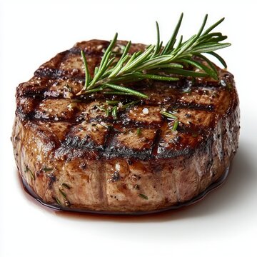 juicy grilled steak medallion with fresh rosemary sprig, seared grill marks and savory juices on a white background, mouthwatering