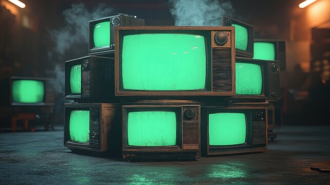 stack of vintage crt televisions with glowing green screens in a smoky dim room, eerie nostalgic atmosphere