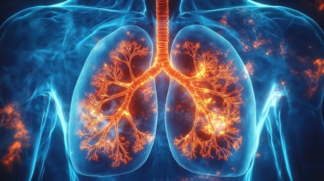 translucent human chest revealing glowing orange bronchial tree and trachea within lungs, intense inflammation and urgent respiratory distress visualization