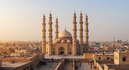 Naklejka premium Historic Stone Mosque with Towering Minarets Standing Over a Sunlit Desert City for Tourism and Travel Background with Hazy Golden Hour Light