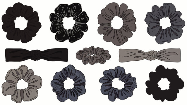 Collection of various fabric hair scrunchies and headbands in black and grey tones, fashionable elastic hair ties for women's hairstyles.
