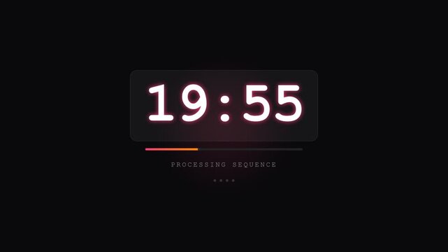 Digital clock display showing 19 55 with progress bar and loading indicator on dark background symbolizing time progress and anticipation