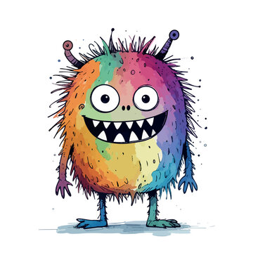 Textured crayon doodle of a friendly colorful imaginary monster