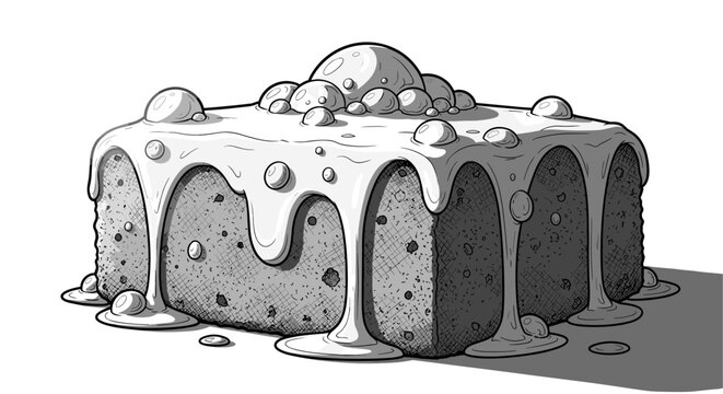 Square cake with thick glaze and bubbles sketch for dessert bakery menu or sweet food advertisement concept illustration.