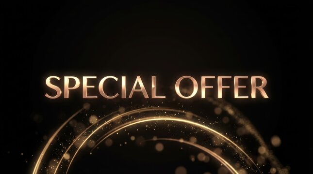 Golden special offer text on a black background with elegant sparkling light trails for luxury marketing.