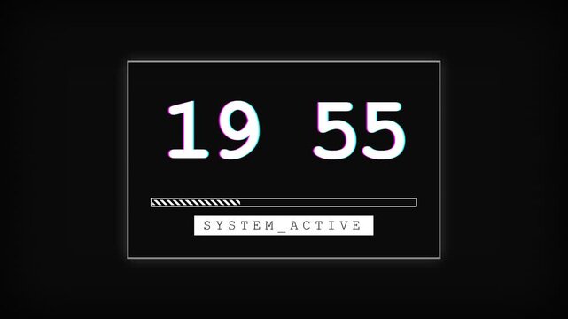 Digital clock displays time 1955 with progress bar and system active message on dark background representing data loading or system status indication