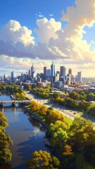 Fototapeta premium A serene cityscape with a river and trees under a blue sky