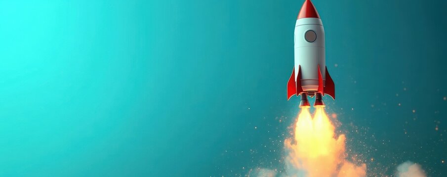 red and white cartoon rocket blasting off to the right with bright orange flames, billowing smoke and sparks against a teal background, conveying excitement and ambition