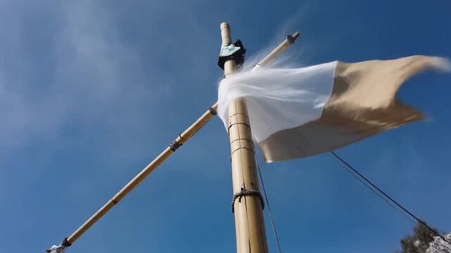 Flag waving in blue sky above wind blown pole.