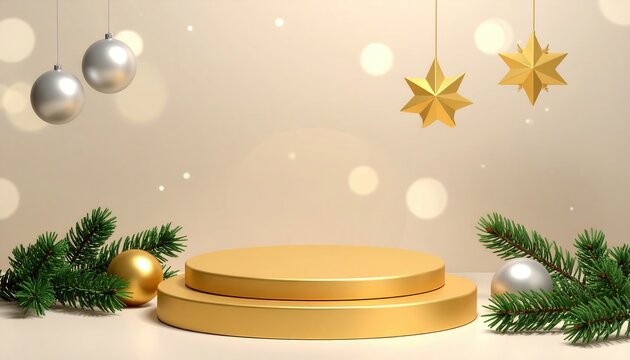 Piattaforma dorata vuota con decorazioni natalizie festive, palline argentate e stelle dorate su sfondo sfocato.