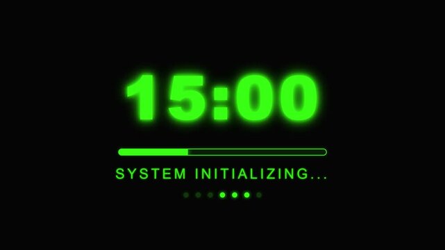 Digital interface displays countdown timer and system initializing progress bar with neon green electronic glow on dark background