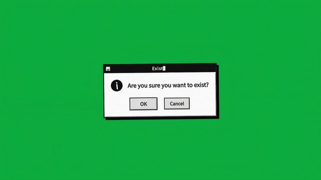 An introspective digital interface message poses a profound existential question about the nature of being, presented in a retro computer dialog box on a vibrant green screen