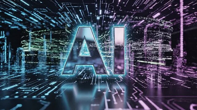 Futuristic ai text logo animation in metallic chrome with neon lights and dynamic background