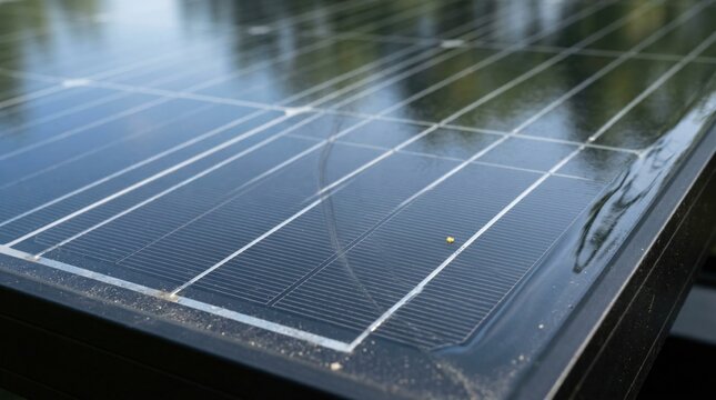 Solar panel close up showing voltaic cell grid with blue sky reflections and realistic dust for renewable energy technology advertising and design background