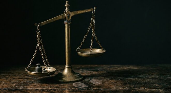 Brass scales of justice unbalanced on a rustic wooden table with dark background and dramatic side lighting for legal advocacy and law firm website copy space