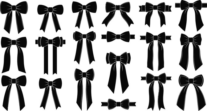 Collection of black ribbon bows and decorative on white background bow tie 1