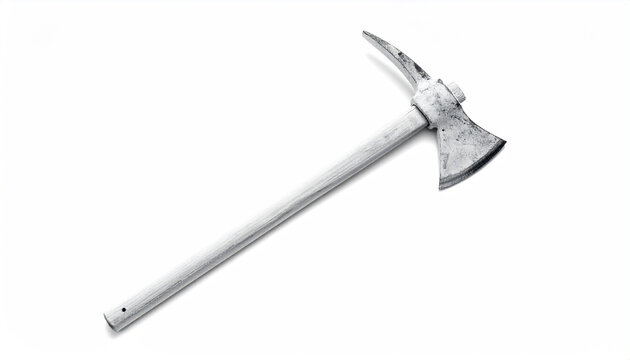 Single firefighter's axe with pick head and light wood handle on white