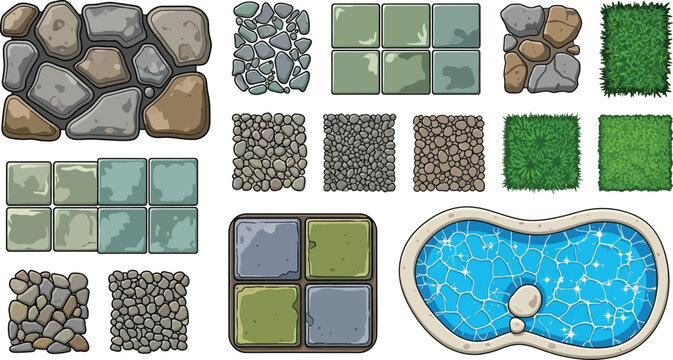 Collection of cartoon style ground textures and a swimming pool stone wall cobblestone pebbles grass