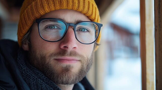pensive person wearing yellow knit beanie and glasses gazing out wooden window at snowy scene