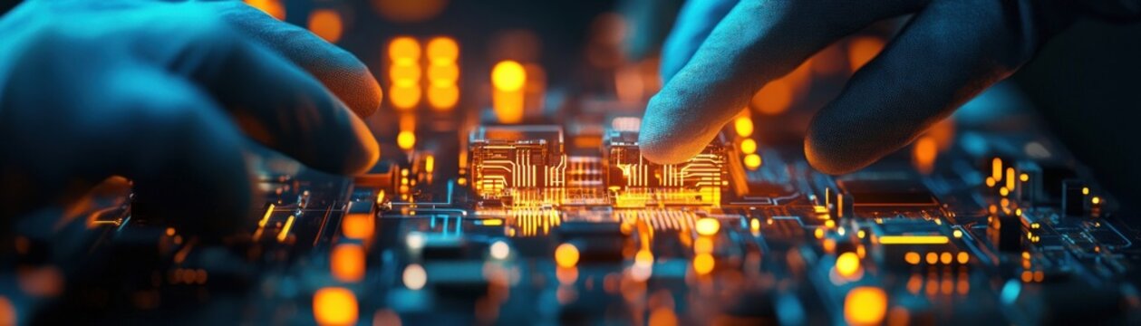 gloved hands carefully placing glowing microchips on a circuit board, close-up of illuminated electronic components showing focused precision and futuristic intensity