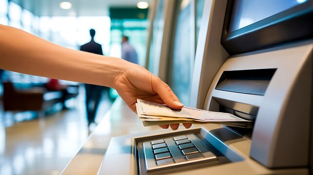 Hand withdrawing cash from machine banking transaction and finance concept