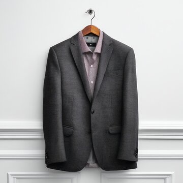 Dark suit jacket with patterned shirt on hanger.
