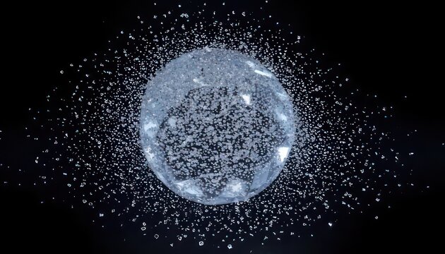 Orb of light surrounded by glittering particles in dark space.