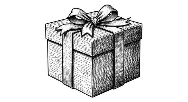 Wooden gift box with a ribbon and bow, presented in an elegant hand-drawn sketch illustration, isolated on white.