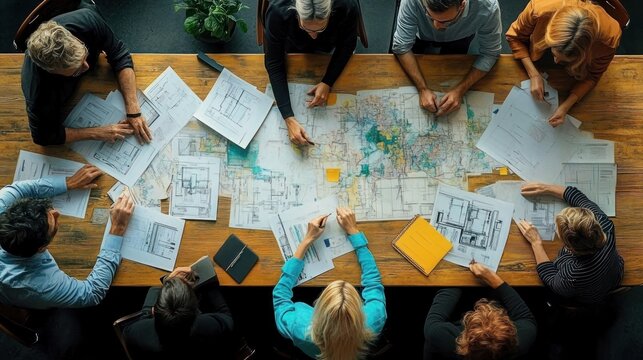 Overhead view of a team gathered around a wooden table covered with maps, blueprints and floor plans, hands pointing and notebooks as they collaborate with focused, engaged expressions