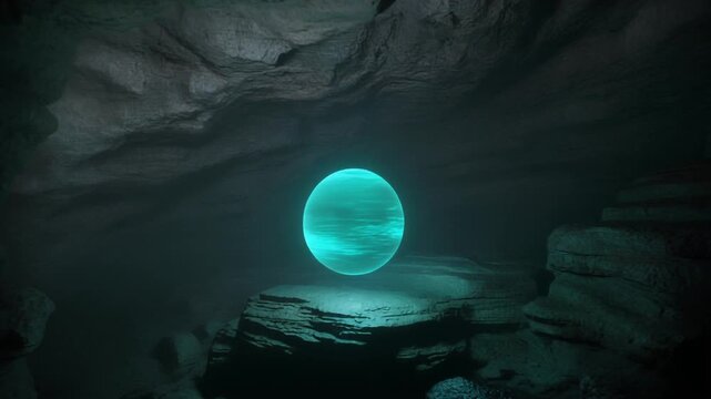 Glowing turquoise orb rises inside a dark cave cavern.
