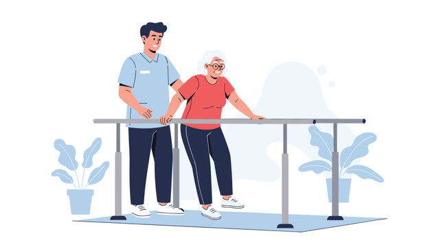 Male therapist helps an elderly woman practice walking using parallel bars in a bright rehabilitation clinic room.
