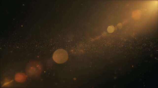 Golden Abstract Light Particles Float In Soft Bokeh Glow.