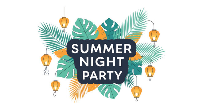 Summer party logo, night party label, tropical leaf decoration, string lights icon
