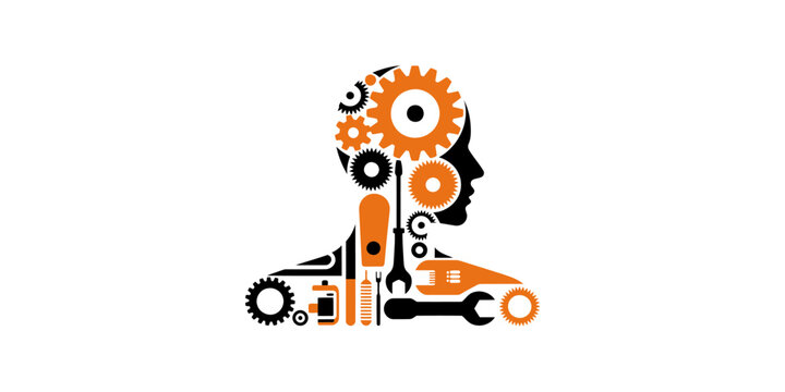 Innovative thinking and mechanics in a human head silhouette