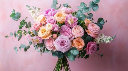 Obraz premium Hand-tied bouquet of pink and peach roses with eucalyptus and white filler flowers against a soft pink backdrop, conveying a romantic and delicate mood