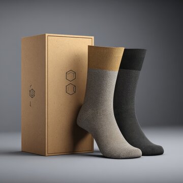 Minimalist socks in neutral colors next to a cardboard box.