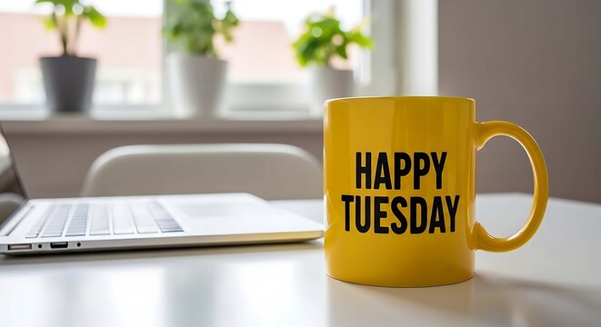 A yellow coffee mug with happy tuesday text on a white desk