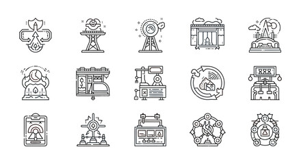 Fototapeta premium diverse outline icons illustrating industrial production sustainable energy and modern manufacturing technology processes for infographics.