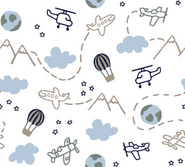 Collection of playful illustrations featuring airplanes helicopters hot air balloons clouds mountains and earth on a white background for travel adventure and exploration themes © Creativezone