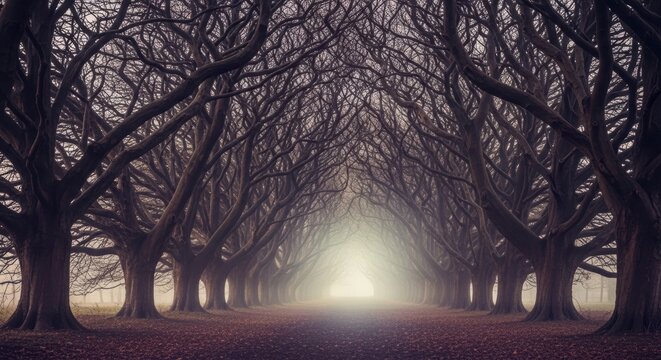 A tunnel of intertwined, leafless trees, with a faint, ethereal glow at the far end, dreamcore aesthetic