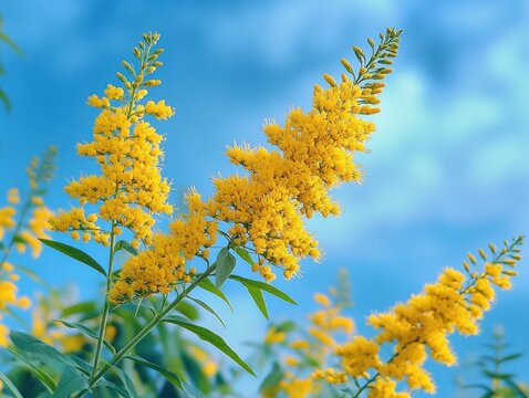 Bright clusters of yellow flower spikes on green stems with lance-shaped leaves against a soft blue sky, evoking a sunny, cheerful summer mood