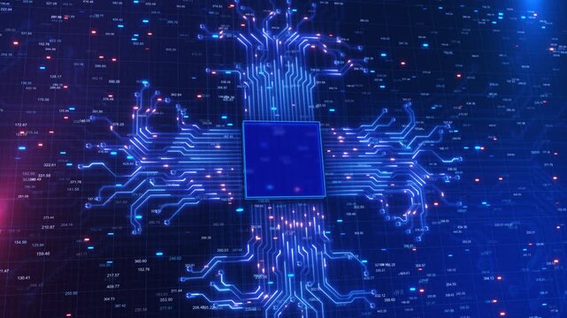 Futuristic 3D background AI chip on circuit board. Artificial intelligence microchip deep learning. AI data center. Cyber innovation automation and autonomous brain. Generative AI neural network