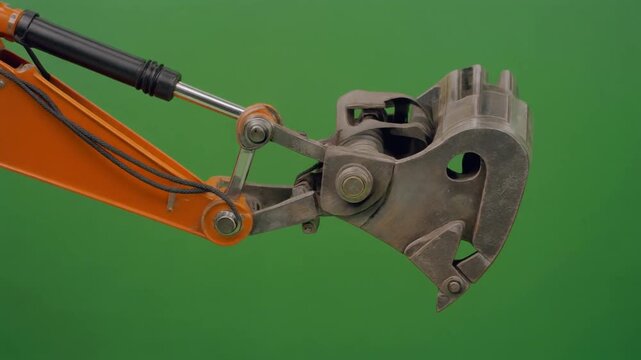 Industrial Excavator Bucket Claw On Green Background Closeup.