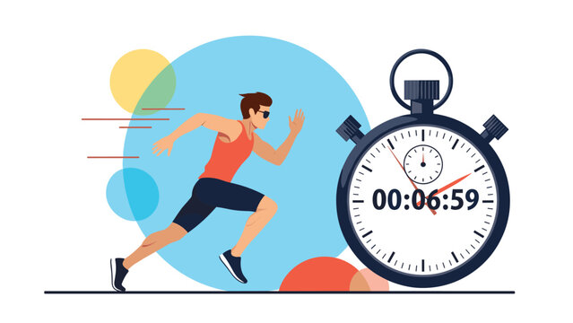 Man running fast in a red tank top and sunglasses next to a large stopwatch timing his performance during a race.