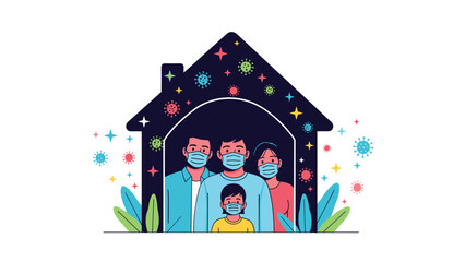 Obraz premium Family of four wearing medical masks standing inside the silhouette of a house during a pandemic quarantine situation.