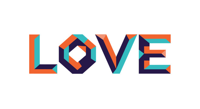 Word love is presented in a bold geometric font using a vibrant palette of orange, teal, and dark blue with 3d block styling.