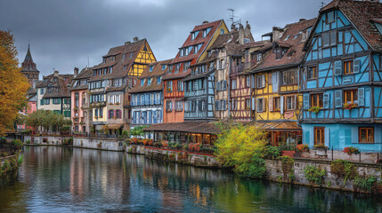 Naklejka premium Half timber houses and canal in Alsace town street view